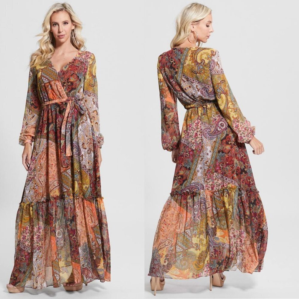 NWT New $178 Guess Oriane Long Sleeve Maxi Dress Size L